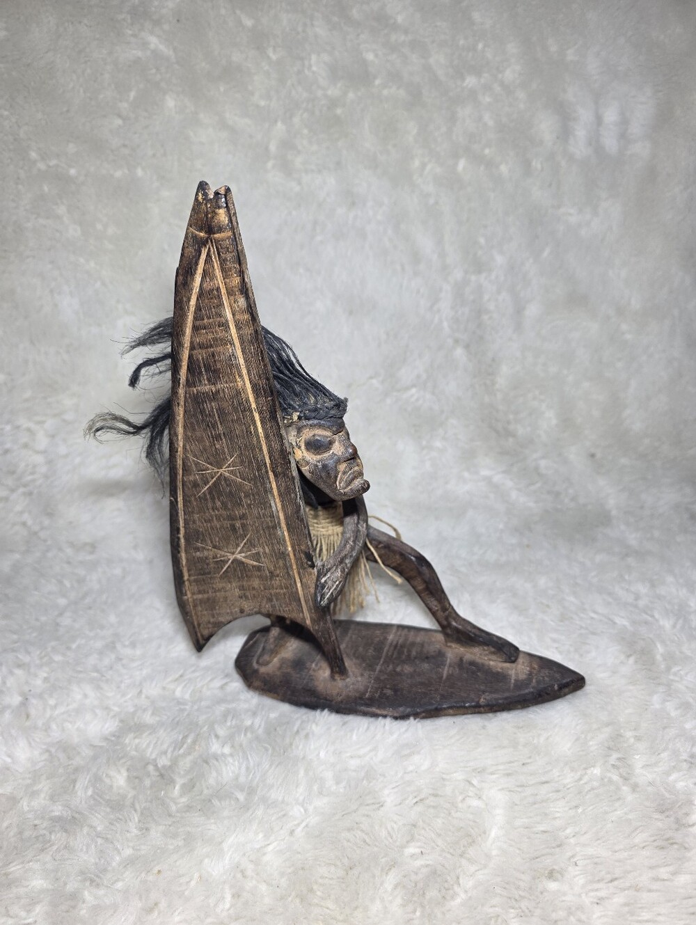 Vintage Hand Carved Wood Tribal Windsurfer Figurine Surfer Tiki Indonesian Decor